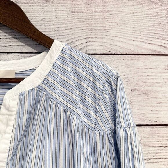 LOFT Striped Popover Blouse Size XL Blue White Split Neck 3/4 Sleeve Cotton Top - Picture 6 of 10